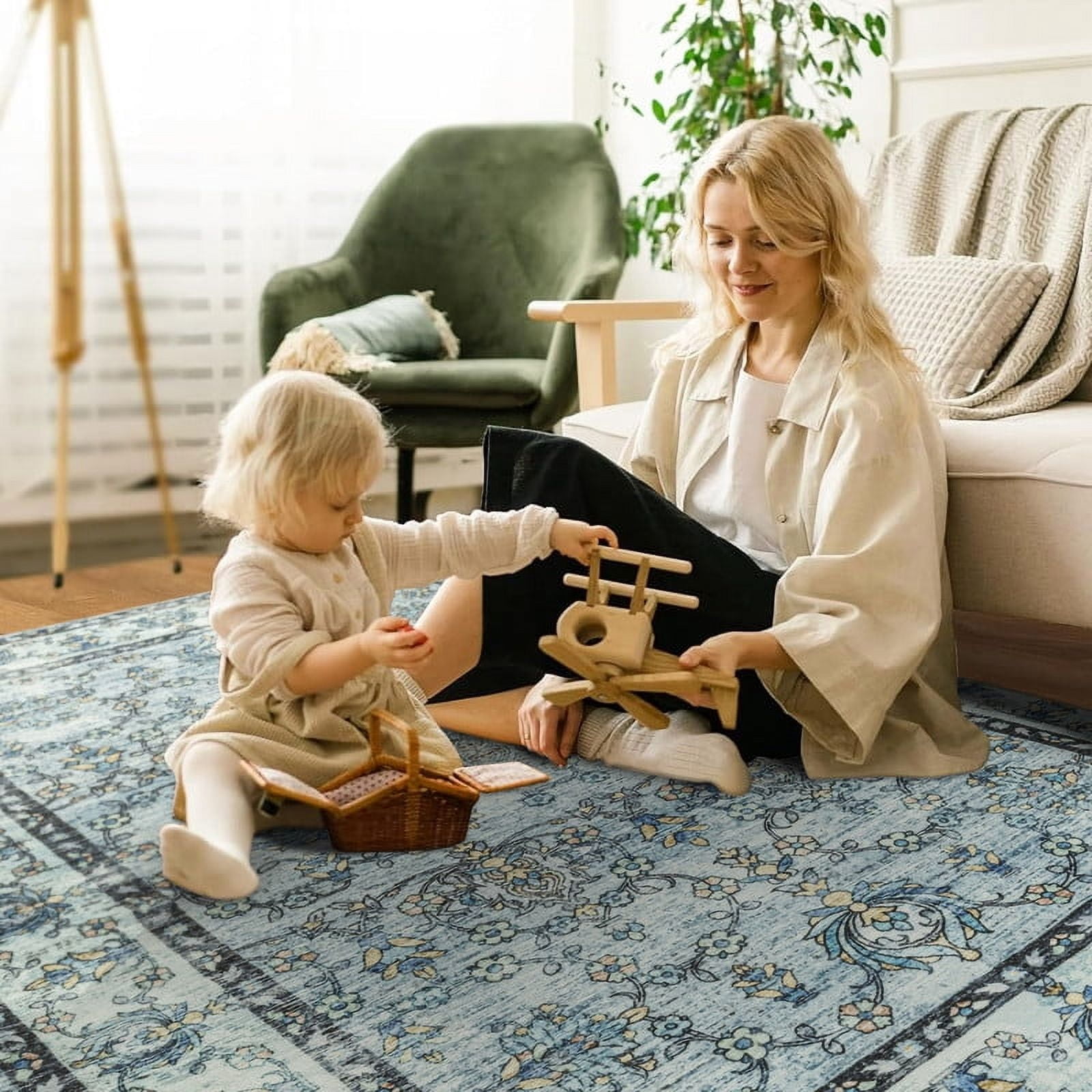 Jamfeel Washable Rugs Ultra-Thin Soft Non-slip Vintage Printed Area Rug Low-Pile Carpet for Living Room Indoor Decor 8'x10' Blue