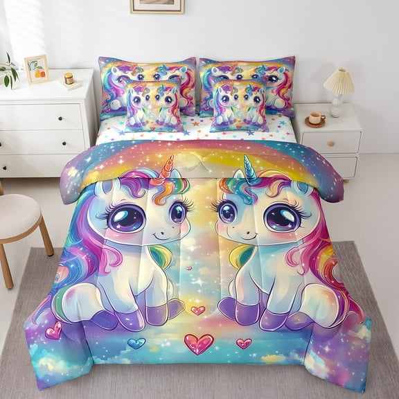 Erosebridal Rainbow Unicorn Bedding Sets Twin Size,Love Heart Comforter Sets with Sheets,Microfiber Reversible Bed in a Bag Twin size,Princess Bedroom Decor,7pcs