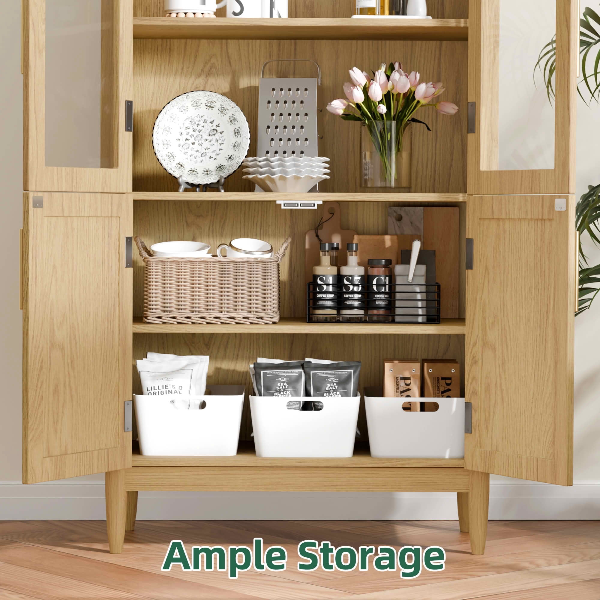MAYEERTY 71" Oak Arch Cabinet with Glass Doors, for Living Room Dining Room