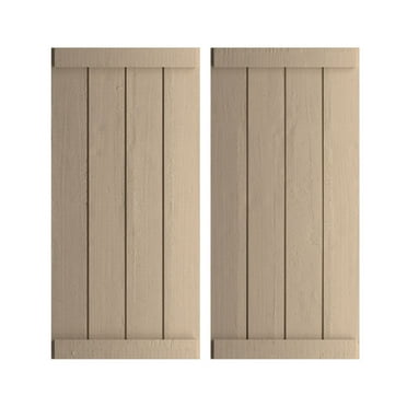 Ekena Millwork 22"W x 80"H Rustic Four Board Joined Board-n-Batten Hand Hewn Faux Wood Shutters w/End Batten (Per Pair), Primed Tan
