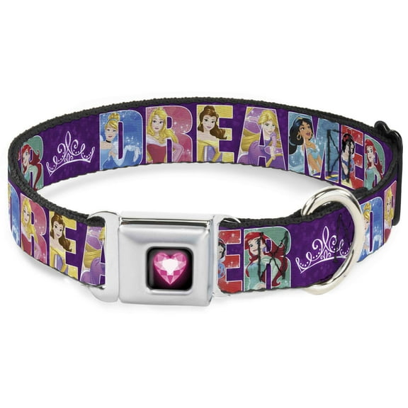 Disney Pet Collar, Dog Collar Metal Seatbelt Buckle, Disney Dreamer Sparkling Princesses Tiara Purple White, 9.5 to 13 Inches 1.0 Inch Wide