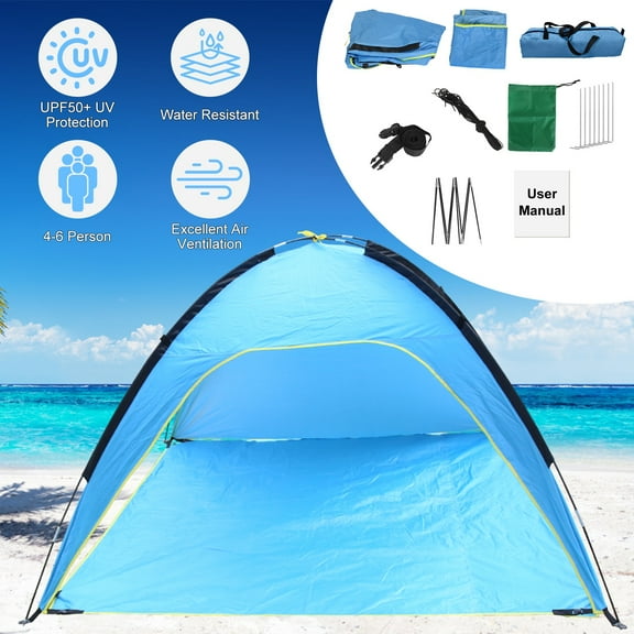 4-6 Person Waterproof Beach Tent Portable Camping Sun Shelter Easy Setup Beach Canopy with UPF 50  UV Protection for Beach Camping Fishing Blue
