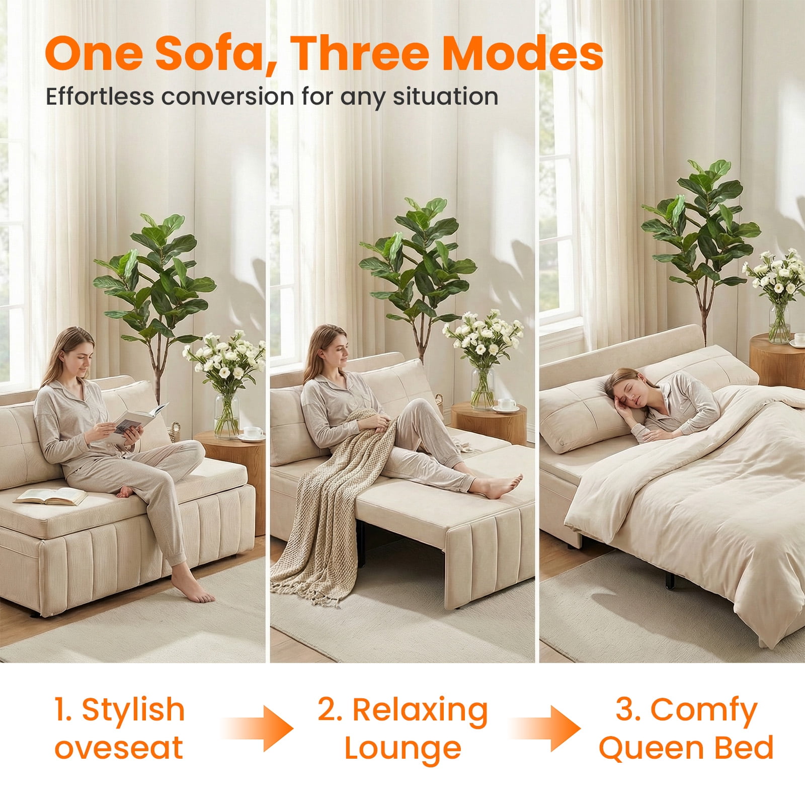 Puremind Queen Size Pull Out Sofa Bed, Convertible Sleeper Sofa with Pull Out Bed, Loveseat Couch Bed with Pillows for Living Room/Apartment, Beige
