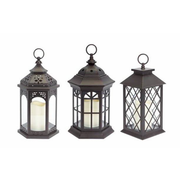 Pack of 3 Dark Brown Battery Operated Outdoor LED Candle Lanterns w