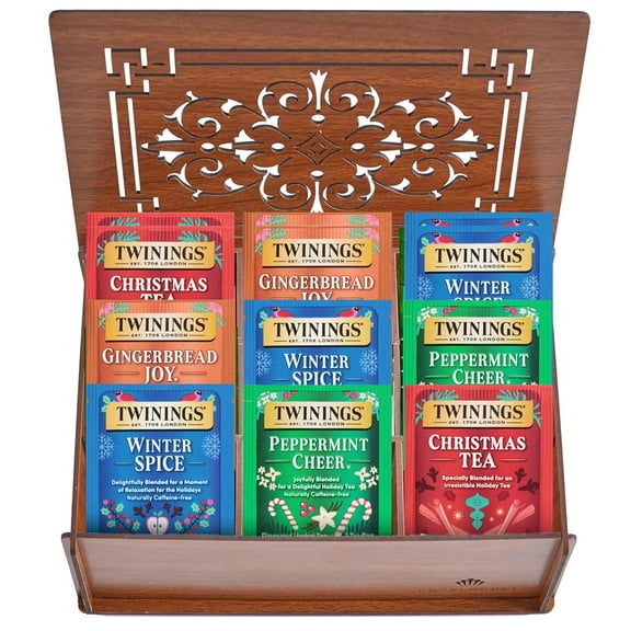 Twinings Christmas Holiday Tea Bag Variety Pack (60 Count) 4 Seasonal Flavors in Wooden Tea Chest Organizer, Gift for Women, Men, Friends, Couples, Mom, Dad, Family