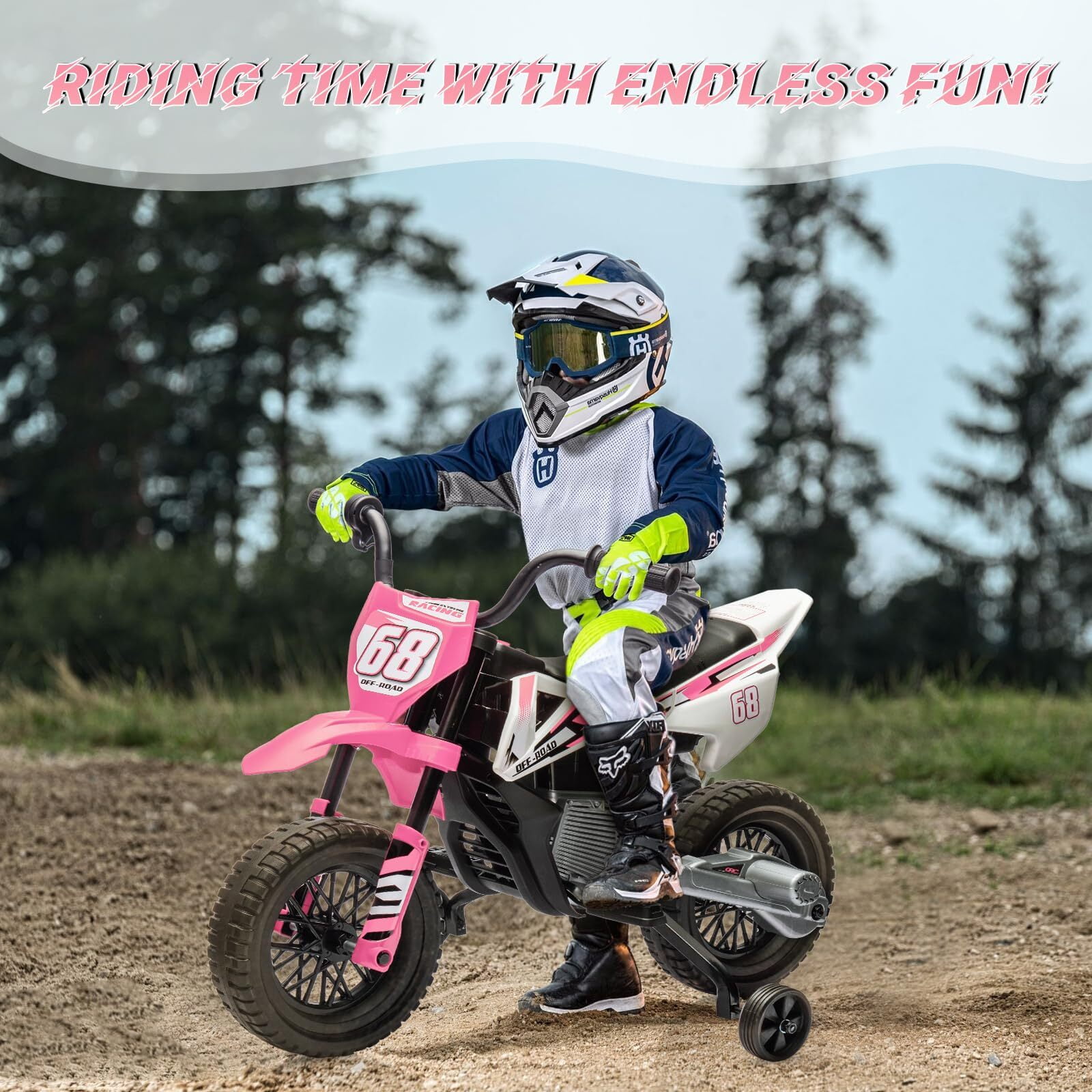 Garvee 12V Kids Electric Dirt Bike with Training Wheels, Twist Grip Throttle, 3mph Max Speed, Music, Ride-On Motorcycle for Boys and Girls