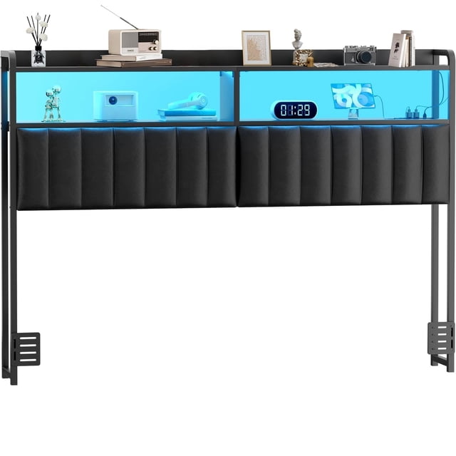 MYXSRI Cabeceras para Cama Queen Size, Cabecero Tapizado con Estación de Carga Y Luces RGB LED, Cabecero con Almacenamiento, Solo Tablero de Tamaño Completo, Altura Ajustable, Reversible (Queen)