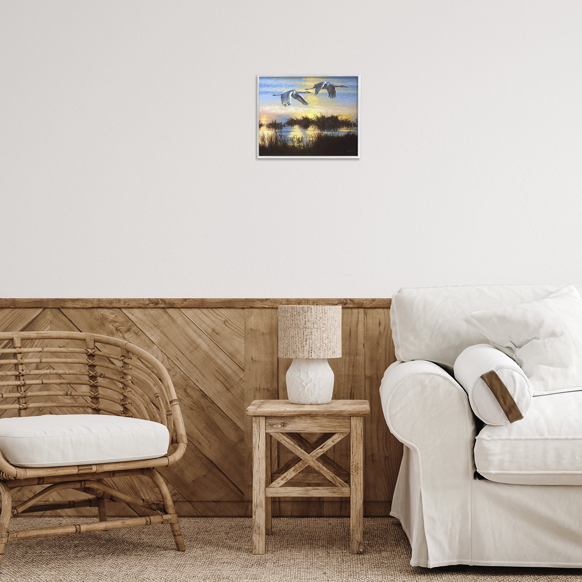 Stupell Industries Two Cranes Over Lake Landscape Painting White Framed Art Print Wall Art, 14 x 11