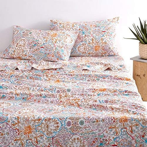 - Boho Bed Sheets, 100% Cotton, 4-Piece Sheet Set, Bohemian Hippie Chic Paisley Patterned Aesthetic Bedding, Deep Pocket, Turquoise Orange, Full Size