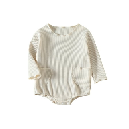 

Newborn Baby Fall Romper Casual Long Sleeve Round Neck Solid Color Waffle Knit Bodysuit 0-24Months