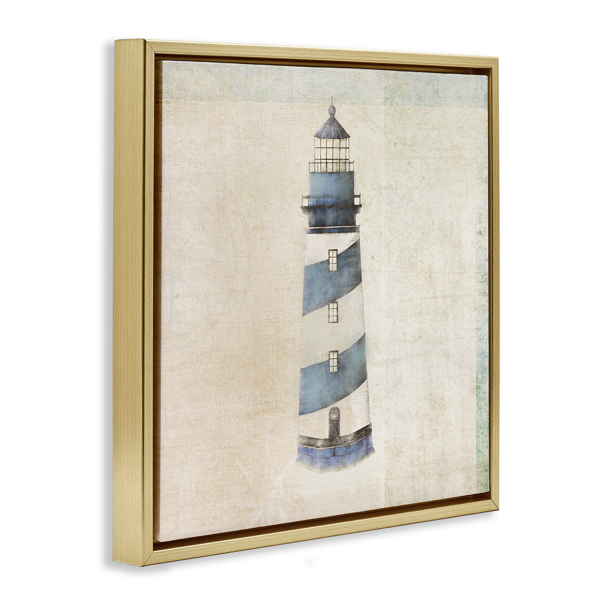 Stupell Industries Rustic Maritime Lighthouse Nautical & Beach Painting Gold Floater Framed Canvas Art Print Wall Art, 25 x 25
