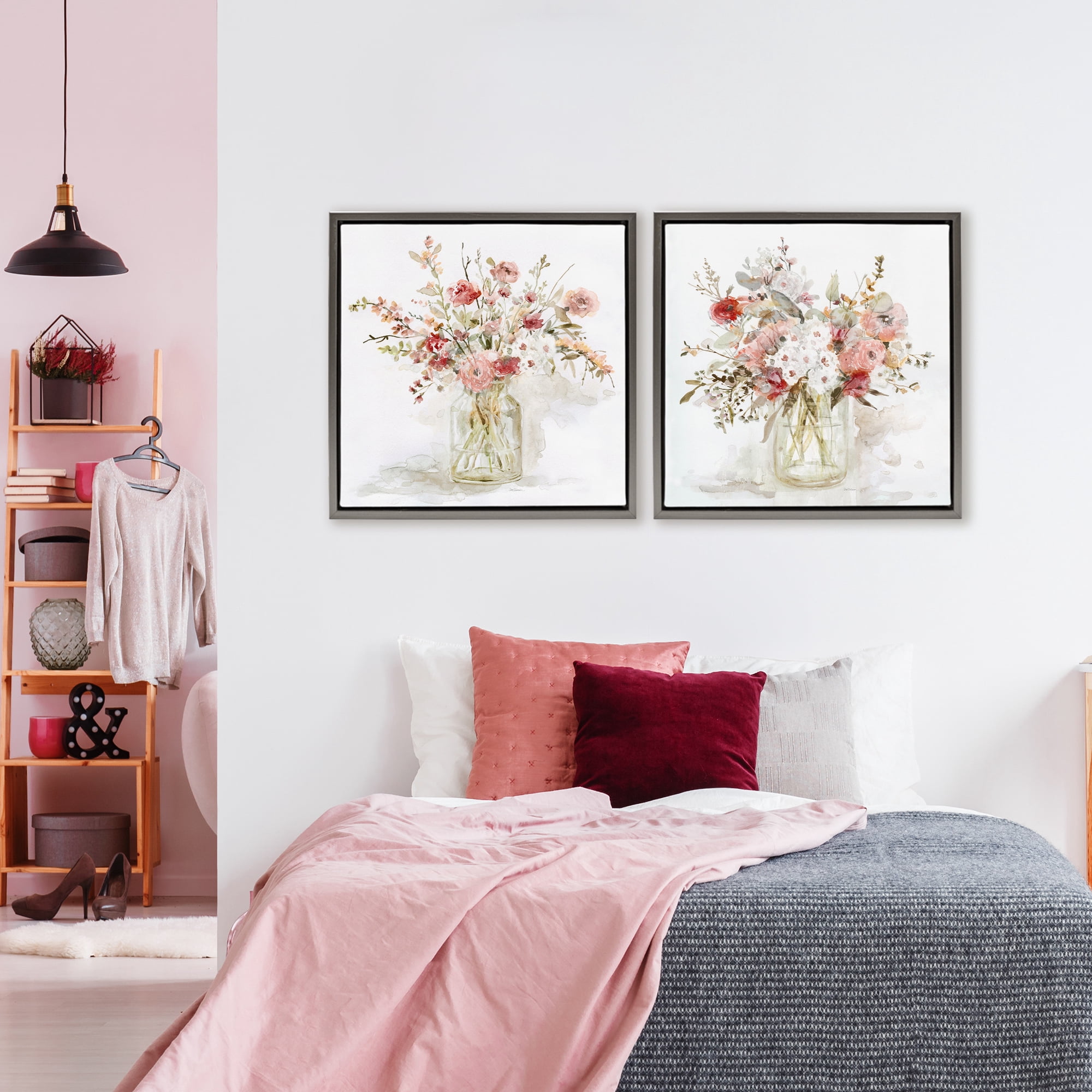 Stupell Industries Delicate Watercolor Bouquets in Glass 2 Piece Gray Framed Floater Canvas Set, design by Carol Robinson