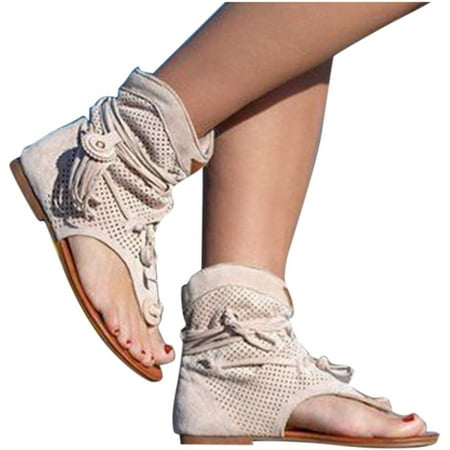 

Flat Gladiator Sandals for Women Retro Bohemian Summer Tassel Back Strappy Open Toe Casual Sandals Roman Beach Thong Shoes White 8.5