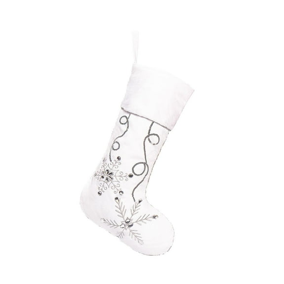 White Christmas Stocking with Silver Embroidery, Elegant Holiday Mantel Décor, Large Hanging Xmas Sock for Gifts, 18 Inch