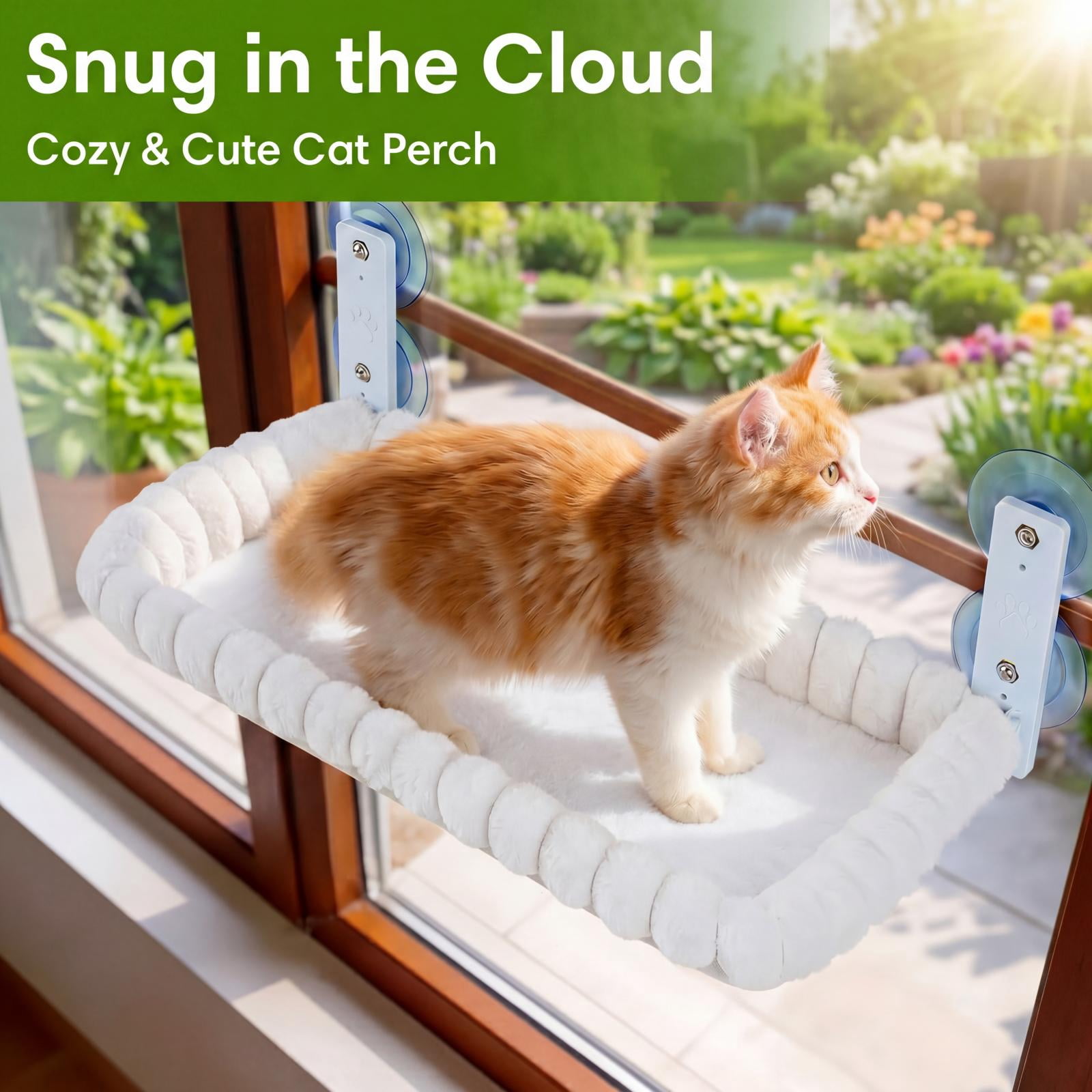 Cat Window Perch, Cordless Cat Hammock with 4 Strong Suction Cups, Foldable Metal Frame & Soft Washable Cover, Indoor Bed for Large Cats & Kittens