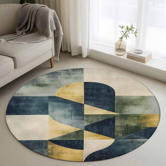 Round Rugs 3Ft, Navy Blue Yellow Geometric Round Area Rug Washable Indoor Throw Carpet, Modern Abstract Art Small Non Slip Circle Rug for Bedroom Living Room Home Decor Aesthetic