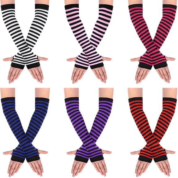 6 Pairs Long Fingerless Gloves for Women Knit Thigh High Striped Arm Warmer Thumb Hole Stretchy Gloves