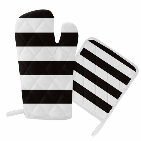 Oven Mitts and Pot Holder Set for Kitchen, Black White Stripe Kitchen Oven Gloves Heat Resistance Non-Slip Surface Potholders Simple Style Striped Hot Pads Sets for Cooking Baking Grilling BBQ