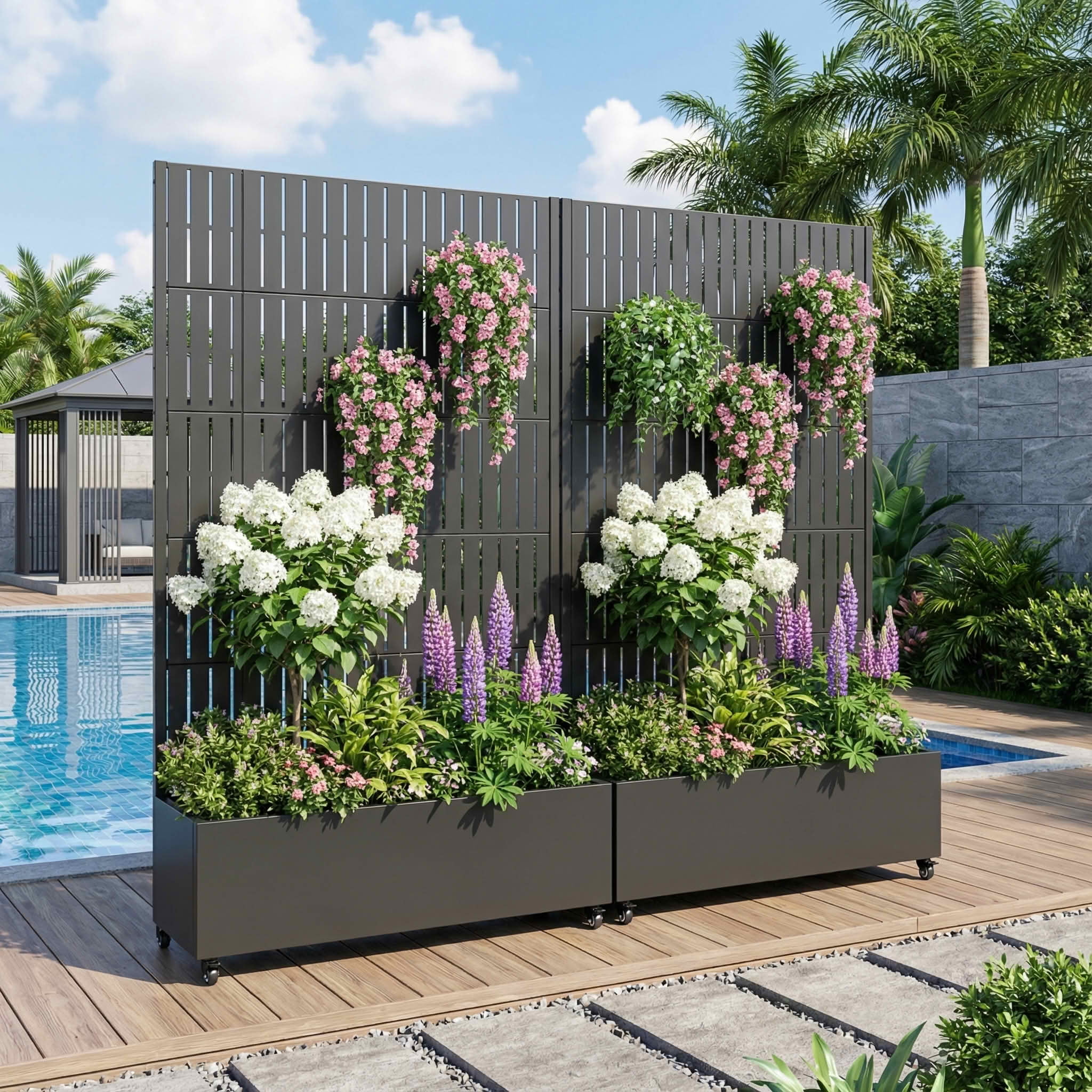 MAYEERTY 72X47" Metal Outdoor Black Privacy Screen with Planter Box for Backyard & Garden, 5 Piece Set, Double‑sided Installation