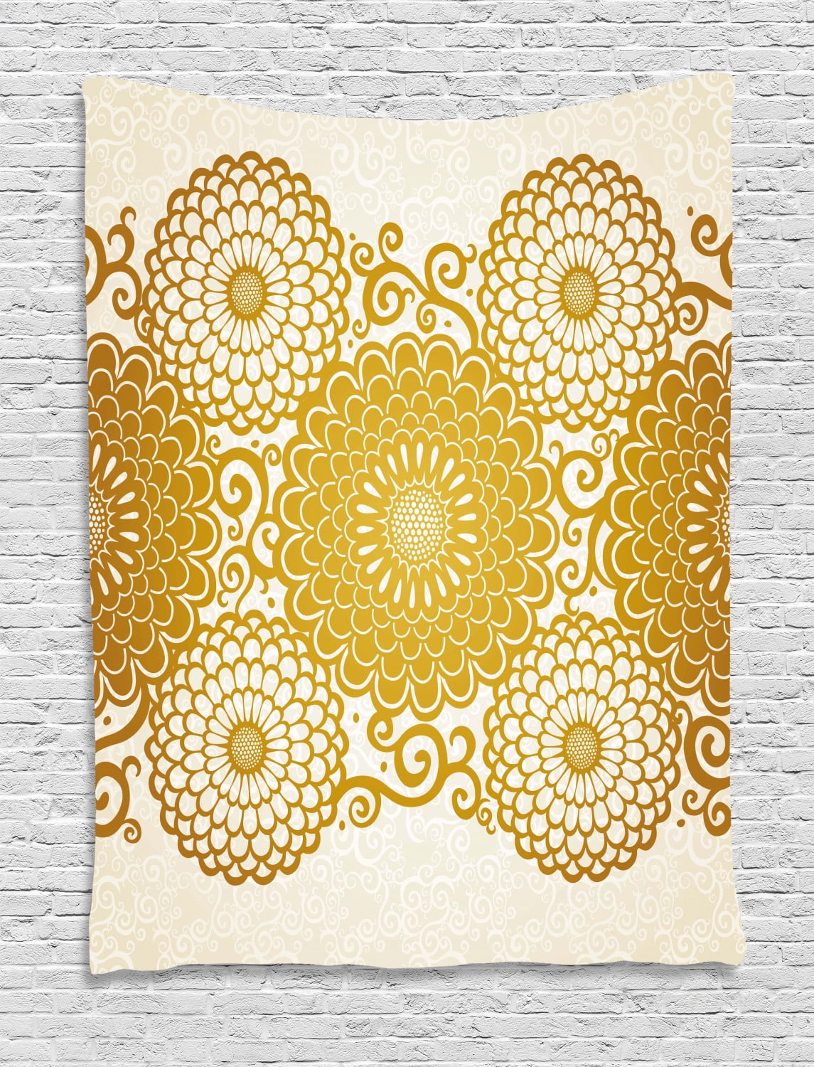 Gold Mandala Tapestry, Border with Large Flowers and Curls Chrysanthemums Peonies Rococo Style