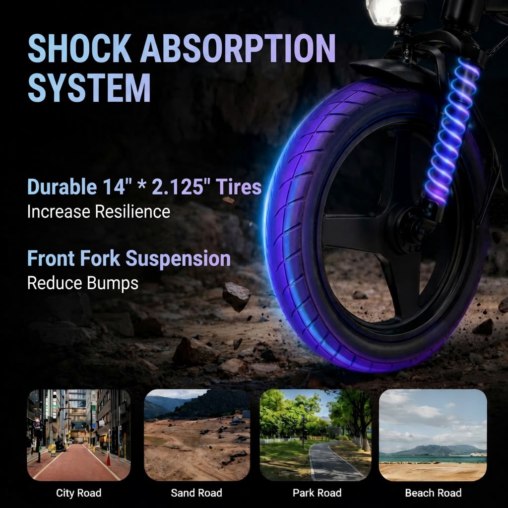 14" Foldable Electric Bike for Adults, 500W Peak Motor, 36V 12Ah Removable Battery, 19 MPH, 18-35 Miles Range, Suitable for Commuting, Shopping, or Trip, UL 2849, Class2