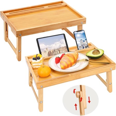 2pcs Bed Tray Table for Eating, Bamboo Breakfast Food Tray with Adjustable Folding Legs and Phone Holders for Sofa Laptop Desk Snack Tray