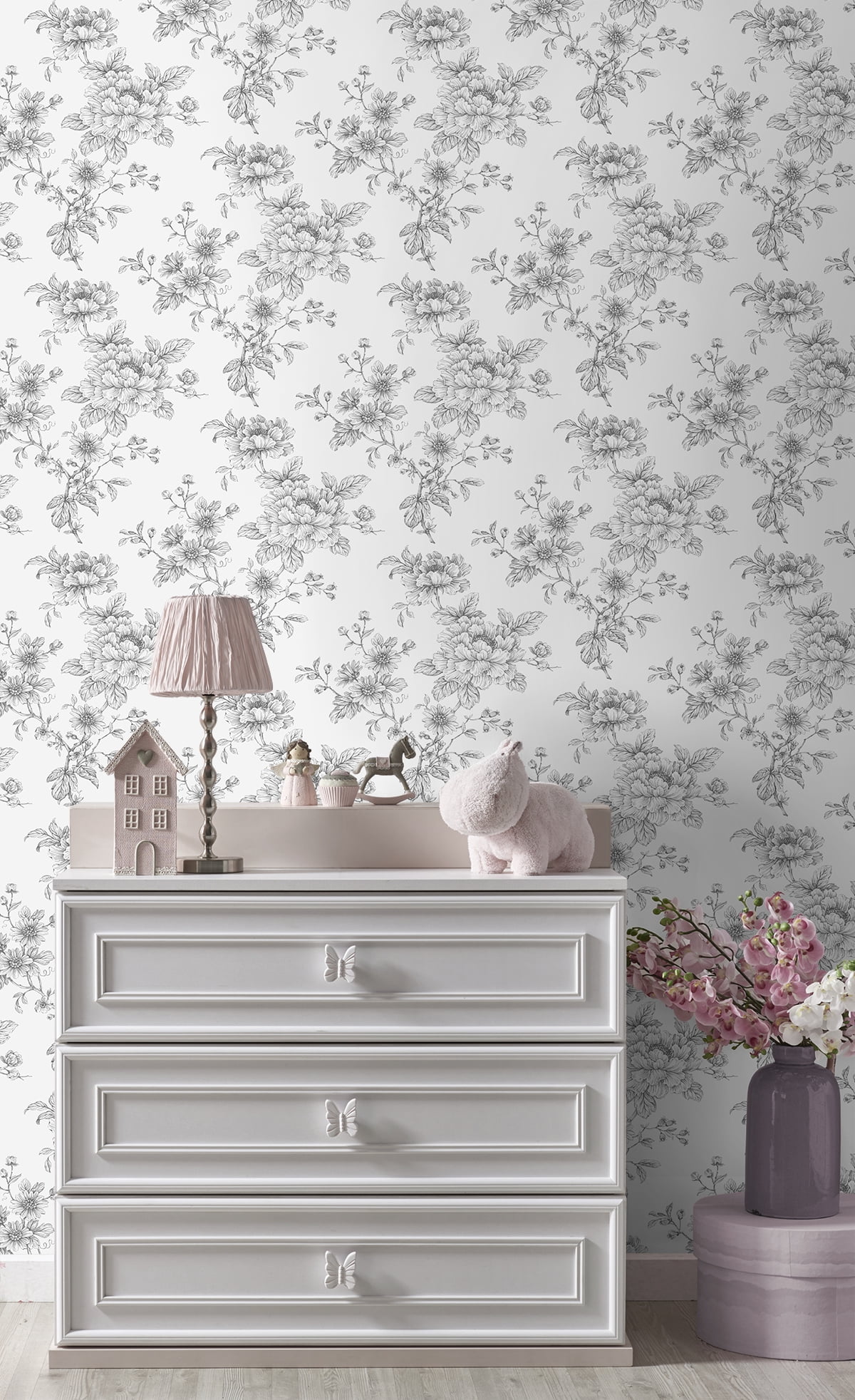 NextWall Grey Sketched Floral Peel and Stick Wallpaper