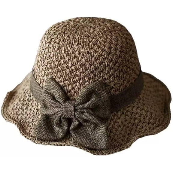 Elegant Woven Straw Sun Hat with Bow, Wide Brim Summer Beach Cap for Women, Packable Travel Foldable Bucket Protection Headwear