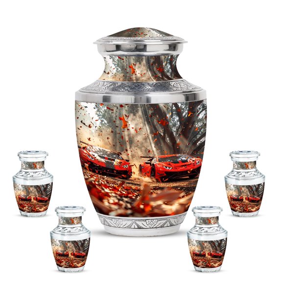 KARYLIZ Red Racing Car Urn for Ashes for Women - Cremation Keepsakes for Ashes - Funeral Urn for Women - Large Urns for Ashes Adult Male & Female - Keepsake Funeral Box (Combo 10" & 3" ,5Pcs)