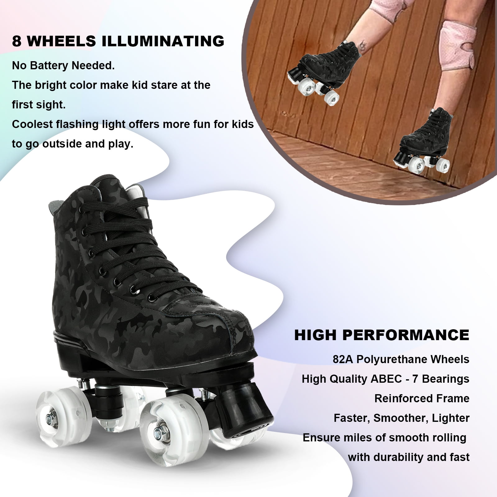 LIXI Black Roller Skates,Double Row Light-up Skates for Kids, Teens  Adults,Durable PU Wheels(Women's 8.5/Men's 7.5)