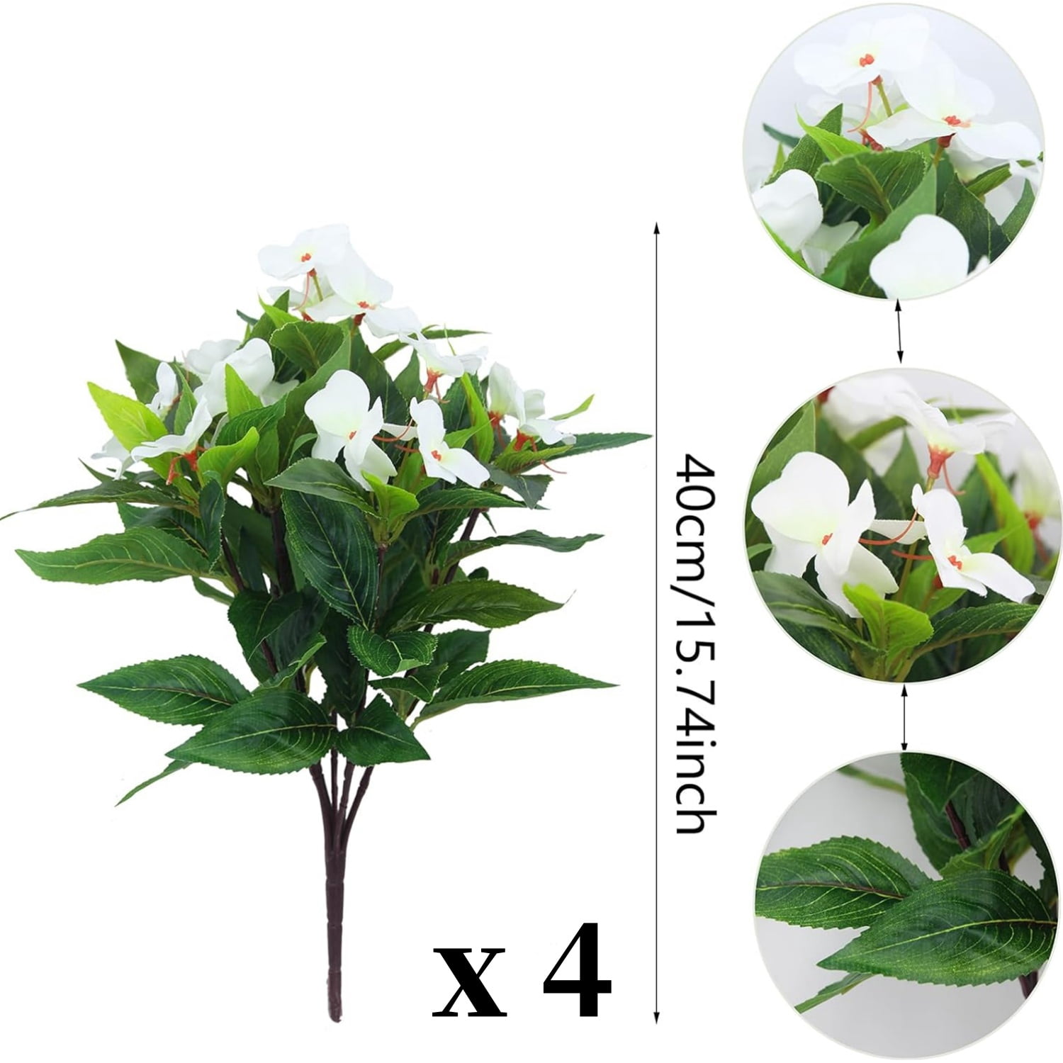 Artificial Fake Flowers Topboutique Faux Impatiens Bouquet Flowers Fake Flowers for Outdoor Faux Bouquet for Flower Arrangement Apply to Home & Office Decor, 4 Pcs, White