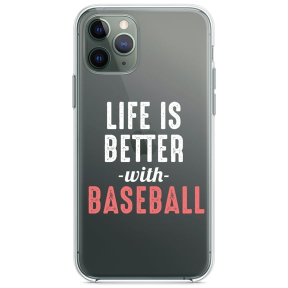 DistinctInk Clear Shockproof Hybrid Case for iPhone 11 (6.1" Screen) - TPU Bumper Acrylic Back Tempered Glass Screen Protector - Life is Better with Baseball
