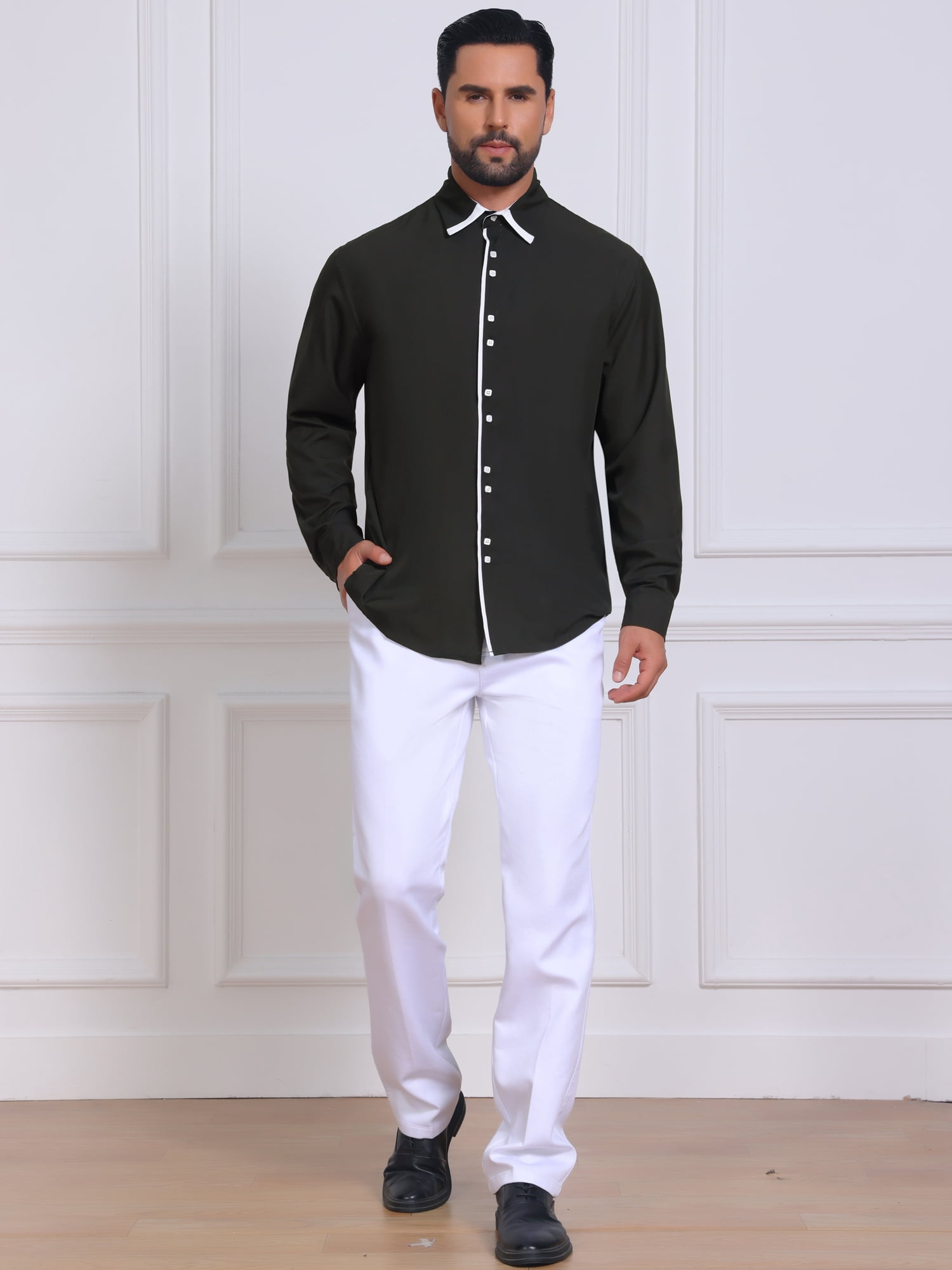 DARING DIVA Men's Contrast Trim Long Sleeve Button Down Formal Shirts M Black