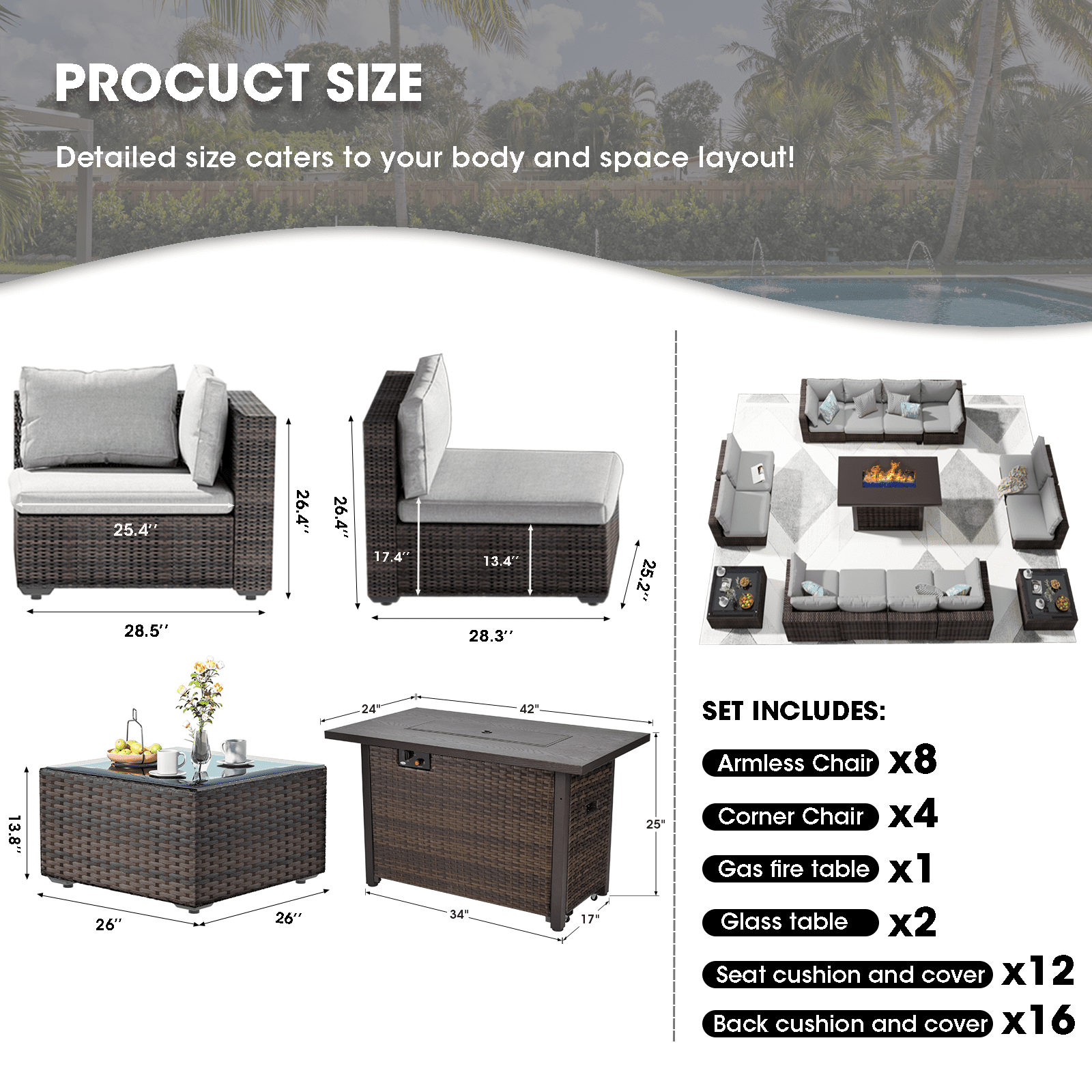 TANGJEAMER 15 Piece Patio Furniture Set with Fire Pit Table, All Weather Outdoor Sectional PE Rattan, Patio Conversation Sets with Cushions and Glass Coffee Table for Garden Lawn Balcony, Grey