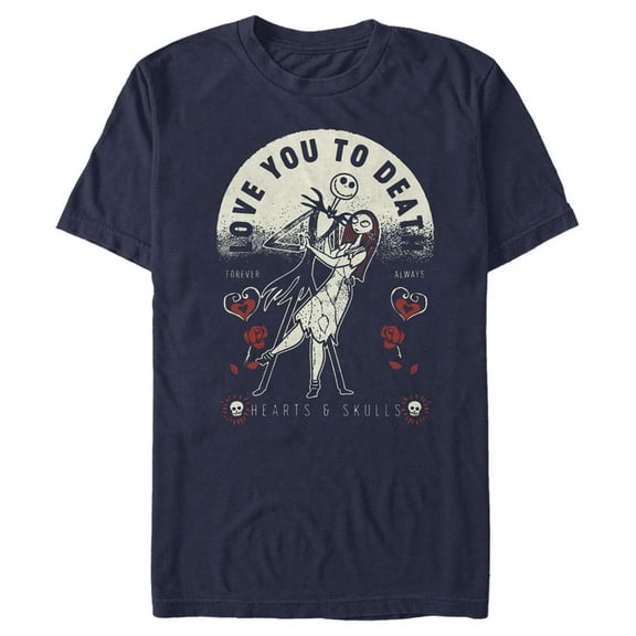Men's The Nightmare Before Christmas Valentine's Day Jack and Sally Love You to Death Graphic Tee Navy Blue 3X Large