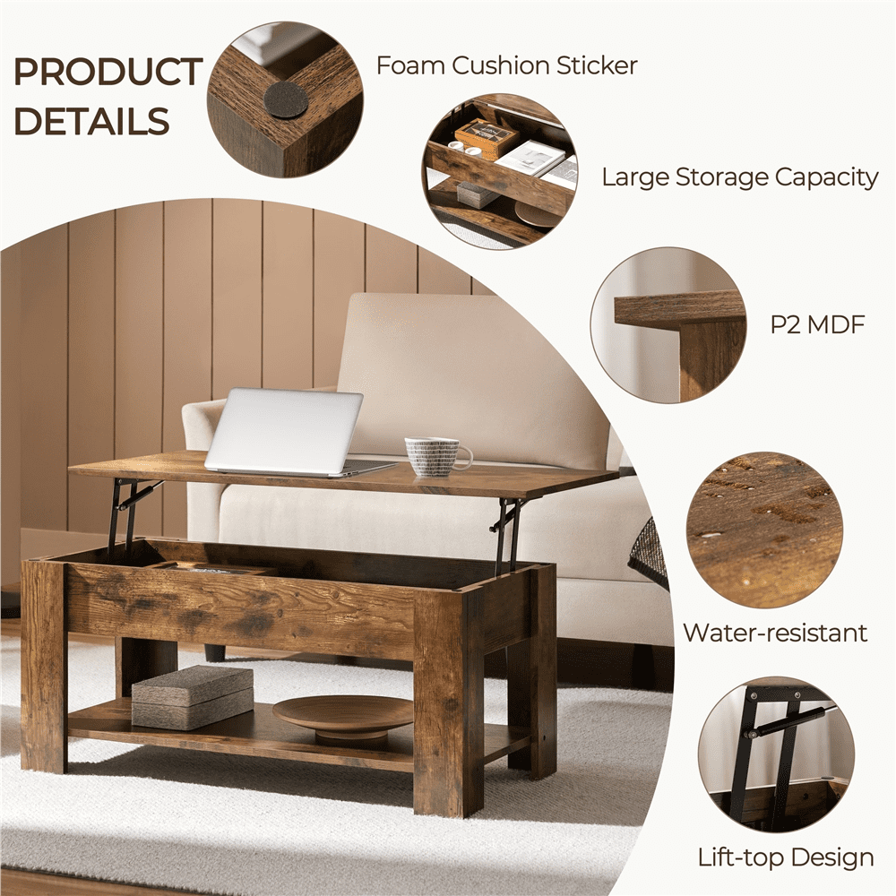 Fullfurnique Lift Top Coffee Table with Hidden Compartment & Open Shelf, Rustic Brown