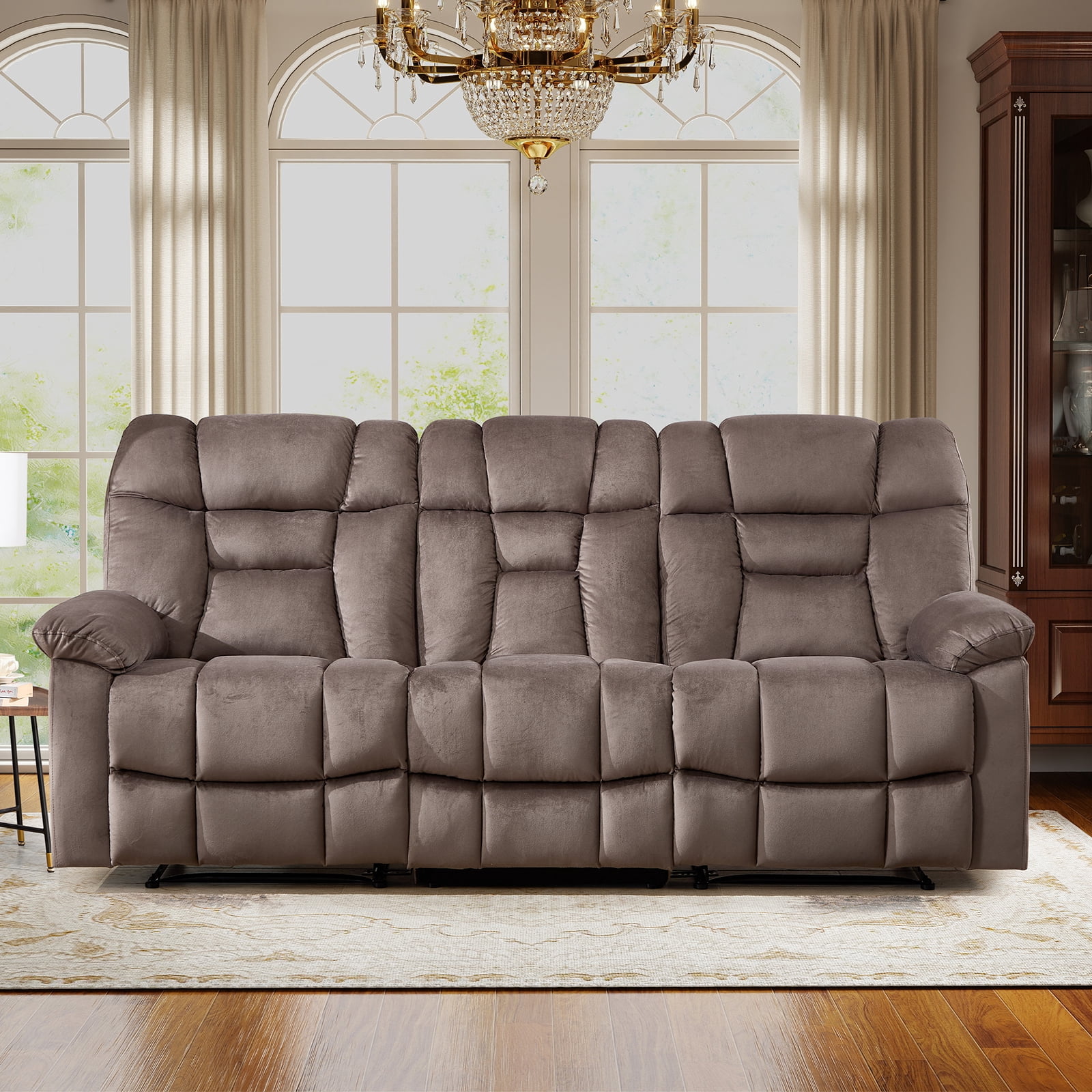 Bonzy Home 3 Seat Reclining Sofa, Manual Recliner Couch for Living Room Wide Backrests & Headrests, Brown