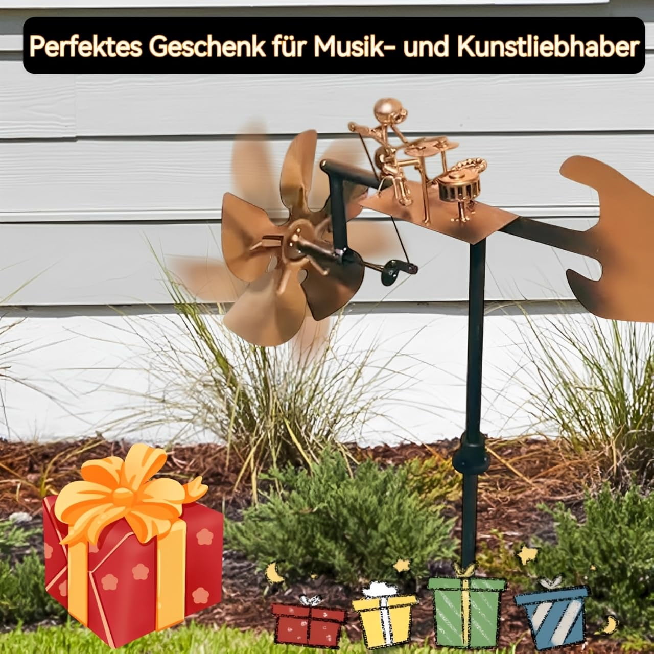 Handmade Metal Drummer Windmill, Steampunk Drummer Garden Spinner, Percussionist Music Statues Windmill for Yard, Wind-Powered Kinetics Sculpture Wind Mill, for Yard Lawn Garden Decor