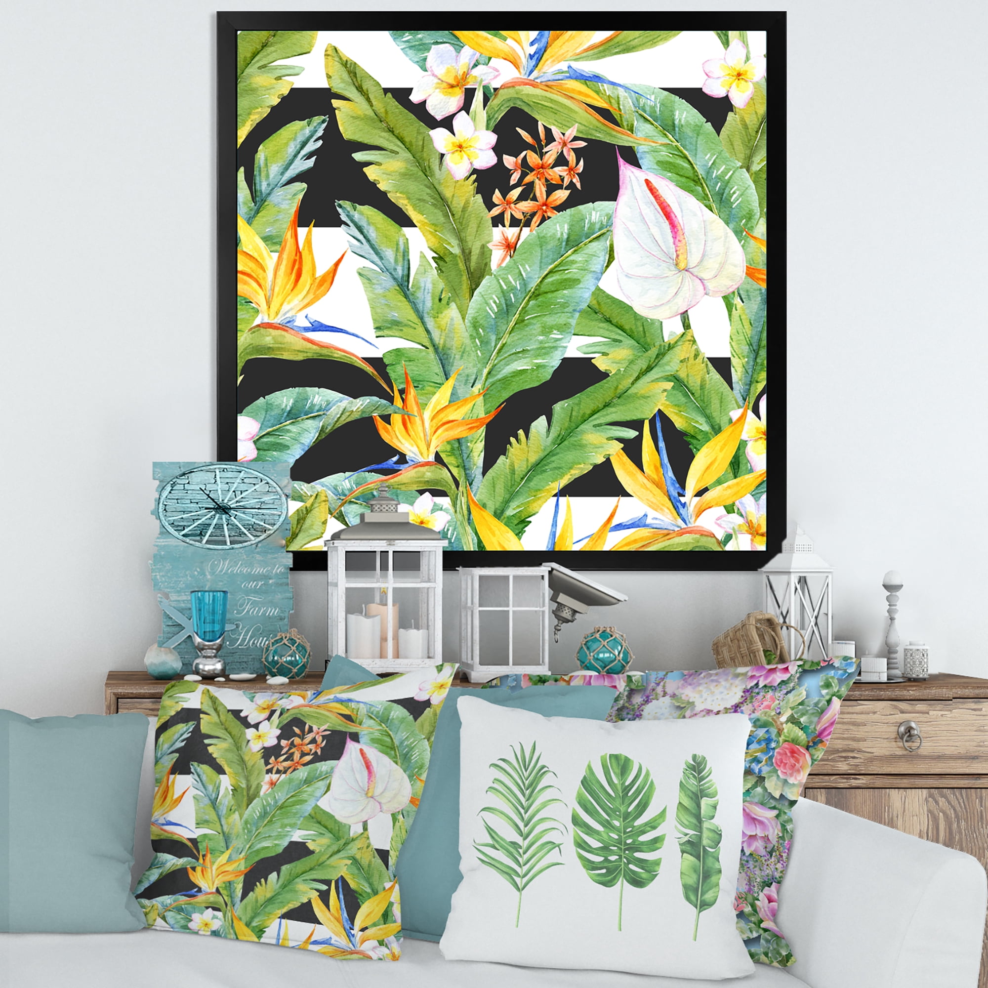 Designart 'Yellow Flowers and Tropical Foliage IV' Modern Framed Art Print