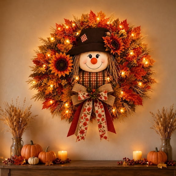 XAOUS Lighted Scarecrow Fall Wreath for Front Door, Harvest Sunflower Maple Leaf Autumn Wreath with Burlap Bow for Porch and Thanksgiving Decor (with Lights)