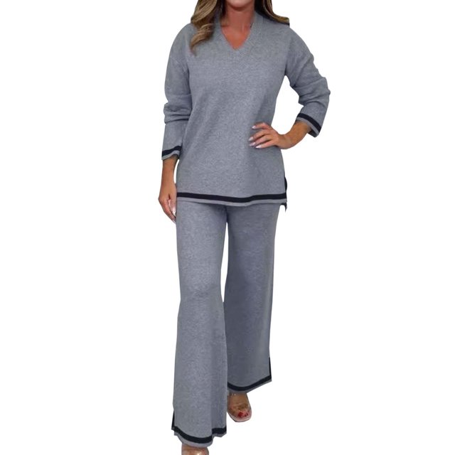 Ladies Casual Solid Color Knitted Long Sleeve Pants Suit - Soft Imitation Fabric Two Piece Set, Loose Elastic Design for Spring/Autumn/Winter, Suitable for Daily/Party/Holiday