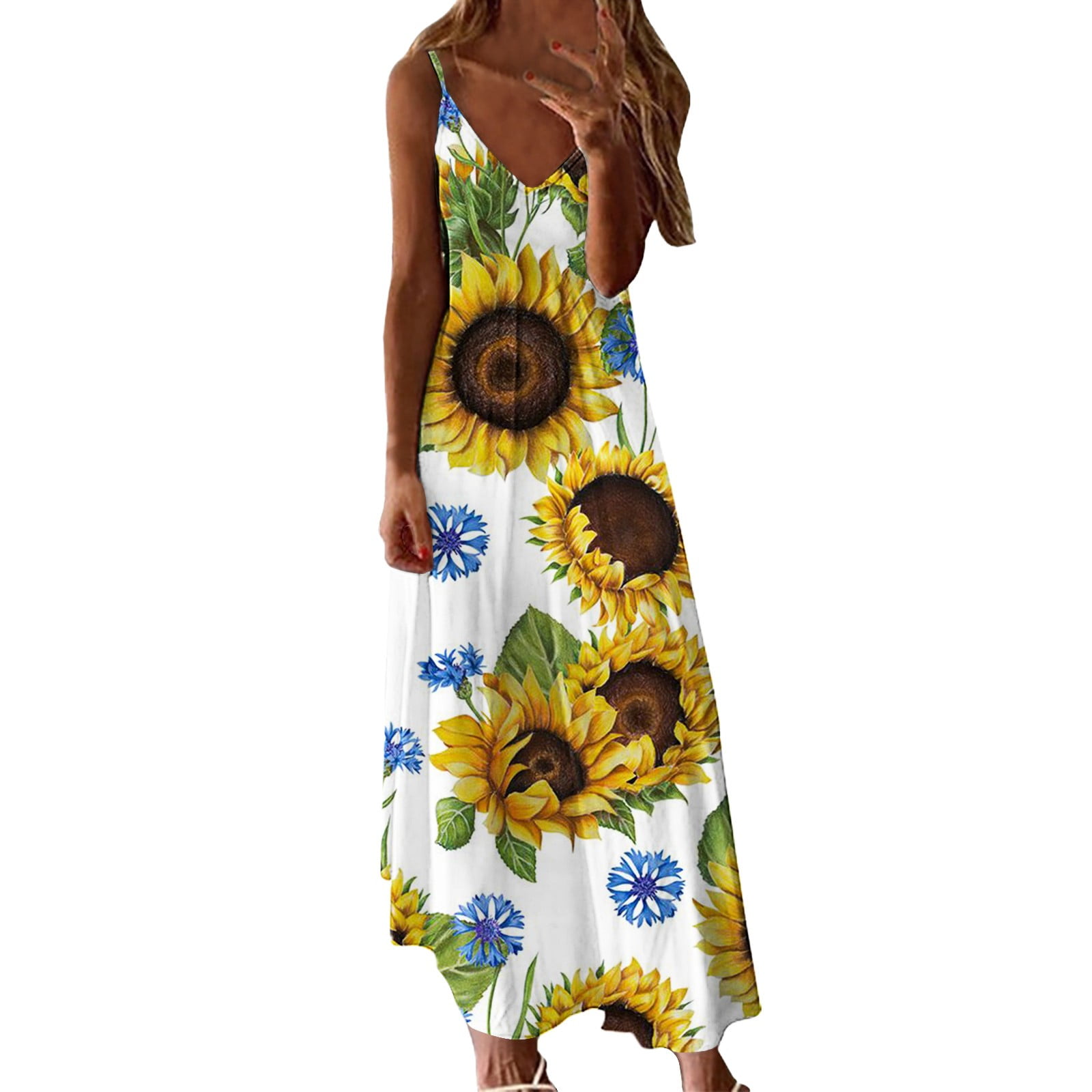 Womens Dress High Neck Sundress Women Casual Summer V Neck Dresses Sleeveless Printing Sundress Elegant Party Swing Long Adult Female Clothes White