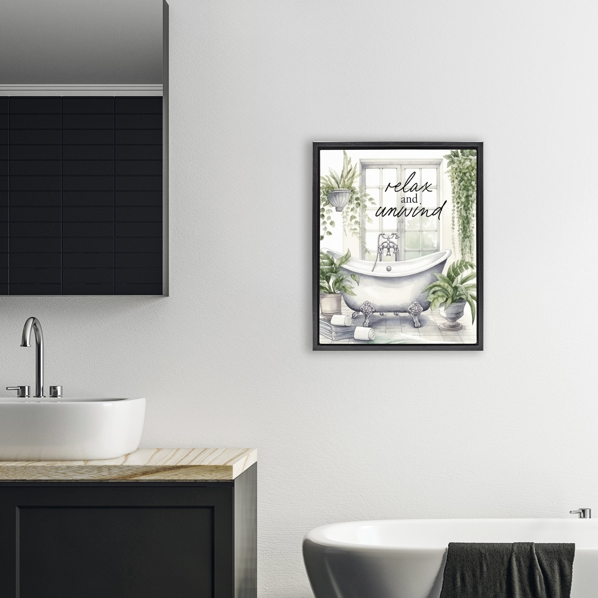 Relax Unwind Bath & Foliage Black Framed Floater Canvas Wall Art, design by Lettered and Lined
