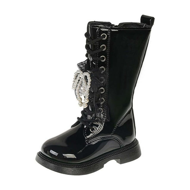 Yammkia Tall White Boots for Girls Combat Boots for Girls Lace Up Riding Boots Mid Calf Fashion Waterproof Non Slip Side Zipper Boot Fall Winter Spring Size 12.5 (Black,Little Kids 12.5)