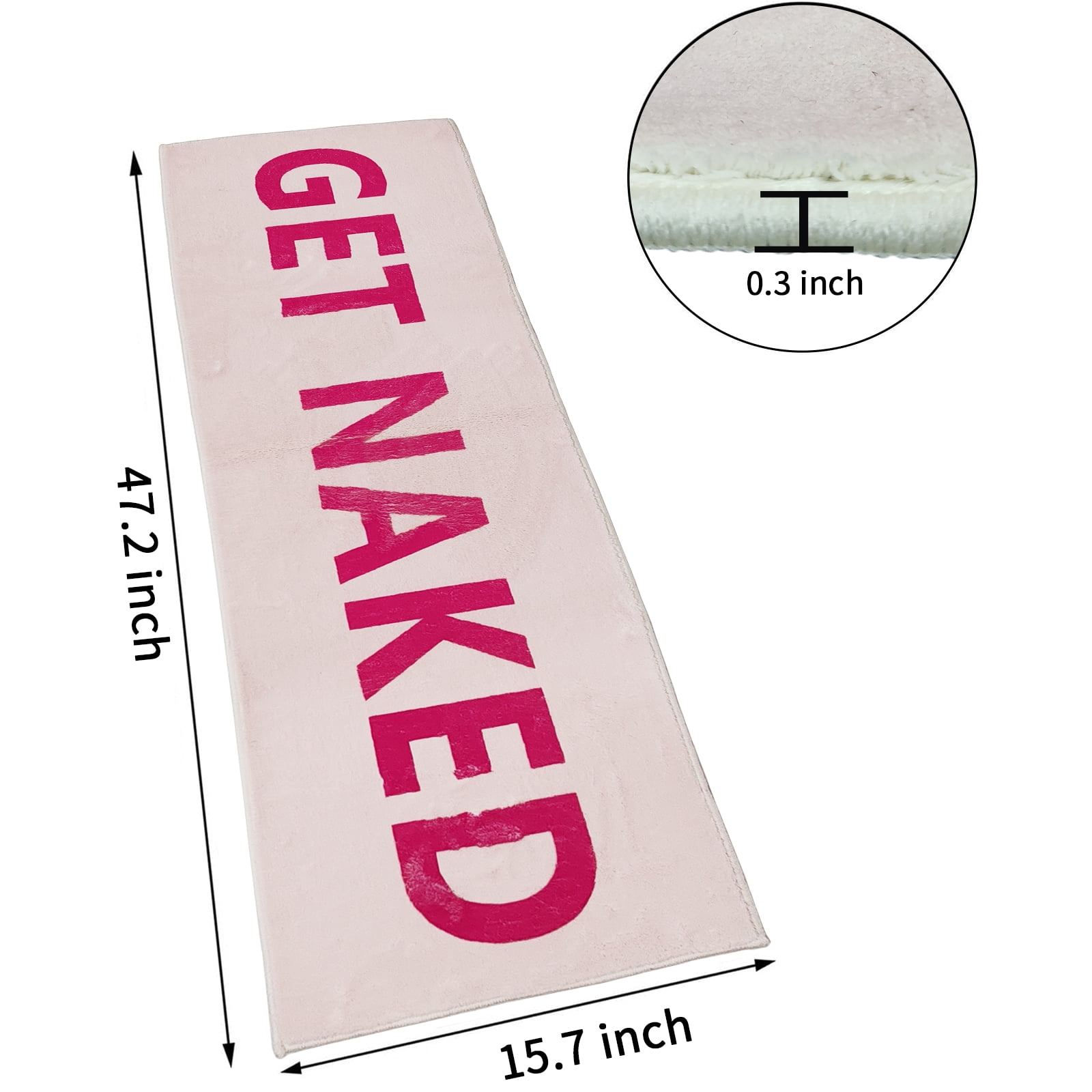 Pink Get Naked Bath Mat, Cute Long Hot Pink and White Runner Rug, Absorbent Non Slip Bathroom Mat, Funny Bathroom Decor for Bedroom Hallway Kitchen, Soft Plush Washable Shower Rug 16"×48"