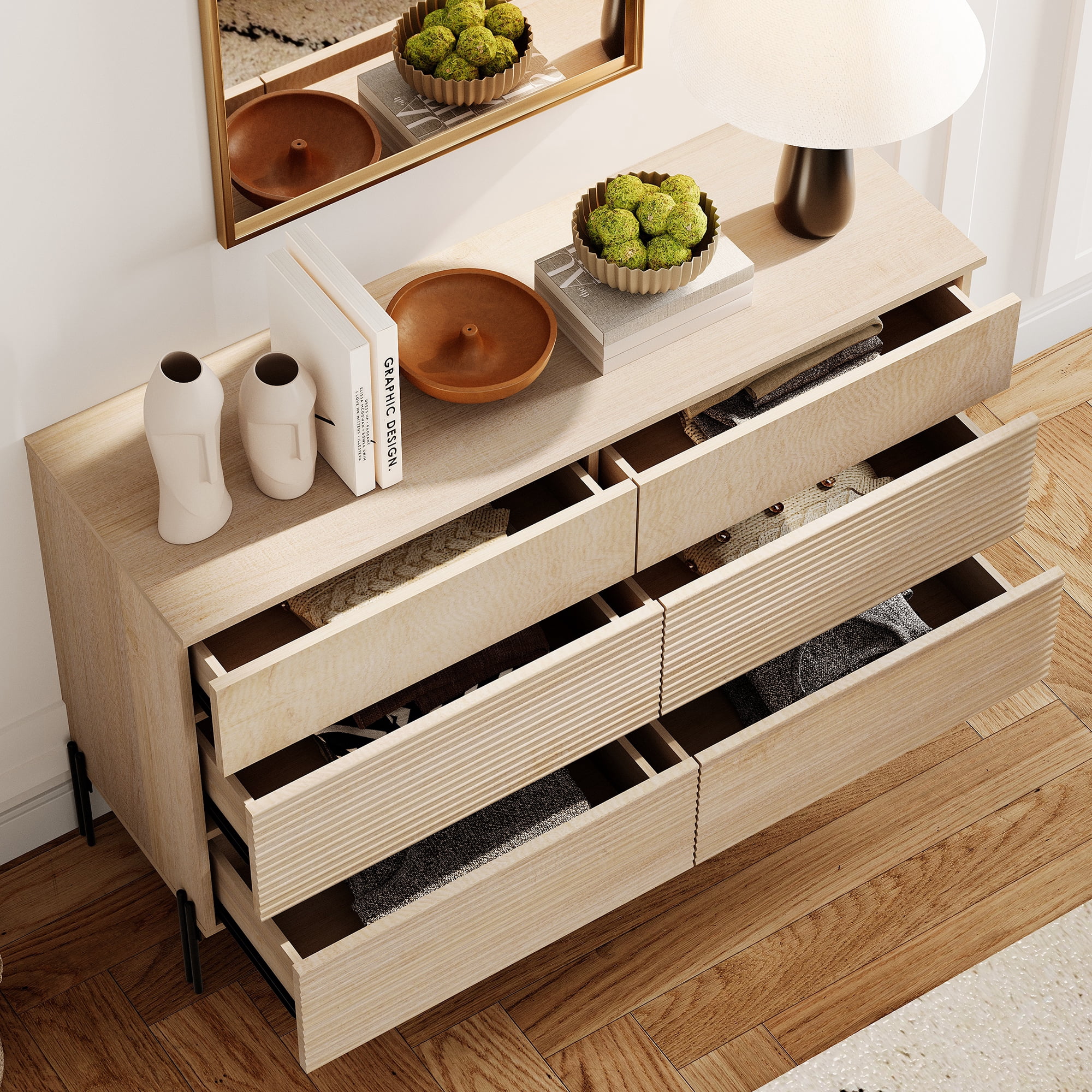 Minimalist 6-Drawer 47.2" W Rectangular Dresser With Reeded Details And Double-Stick Leg Design