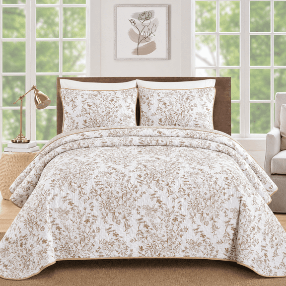Brown Queen Size 3-Piece Botanical Quilt Set All Season Bedspread Coverlet
