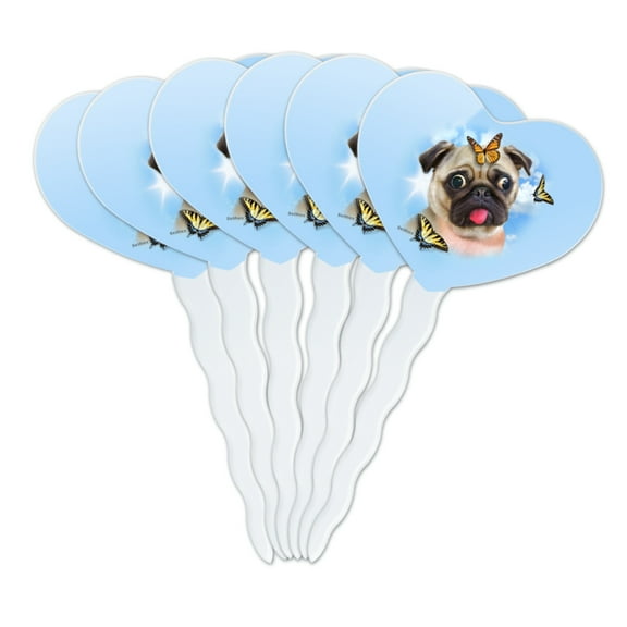 Pug Dog Butterflies Selfie Heart Love Cupcake Picks Toppers Decoration Set of 6