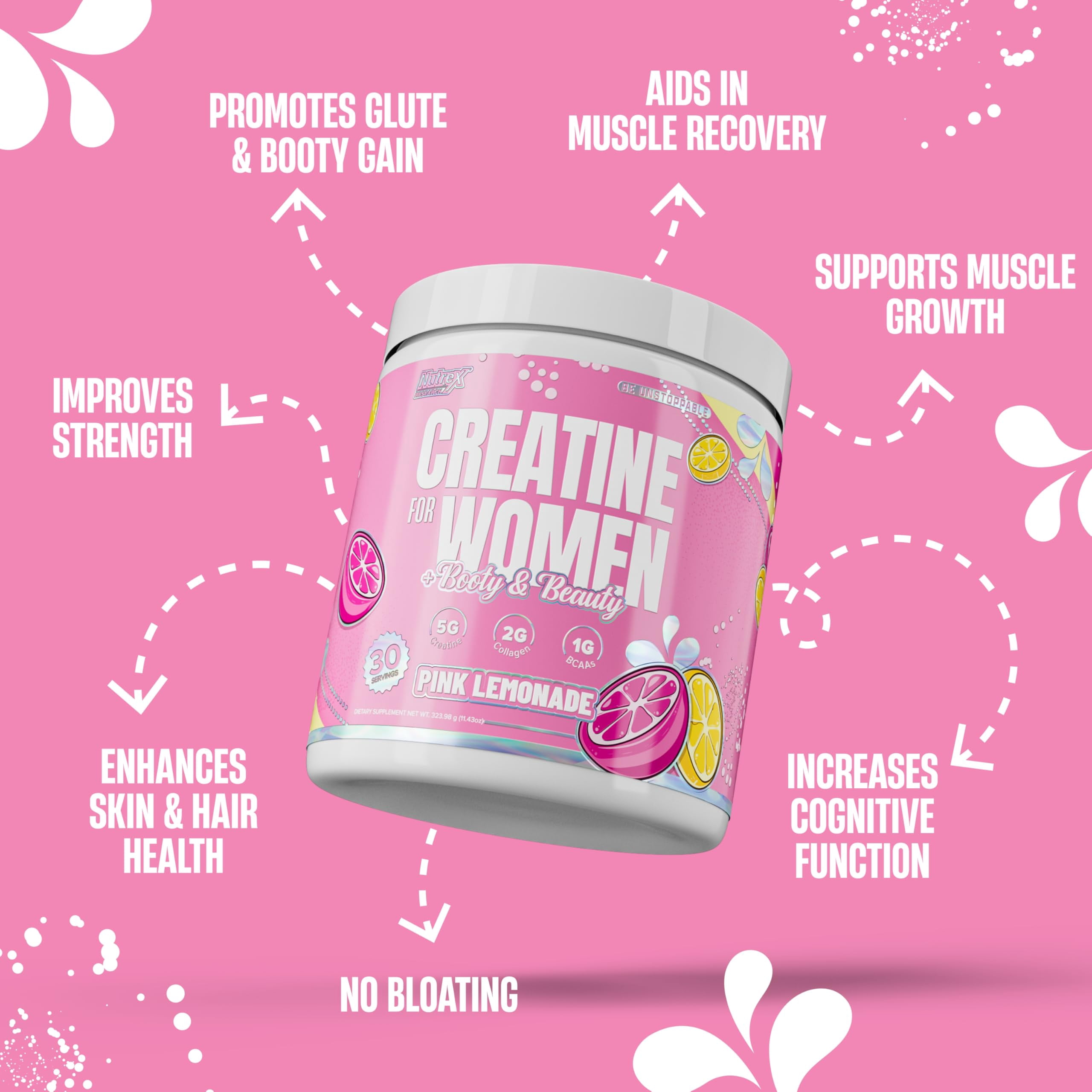 Creatine for Women Booty & Beauty – Pink Lemonade | 5g Creatine, 2g Collagen, BCAAs & Hyaluronic Acid for Glutes, Strength & Skin Nutrex Research 30 Servings)