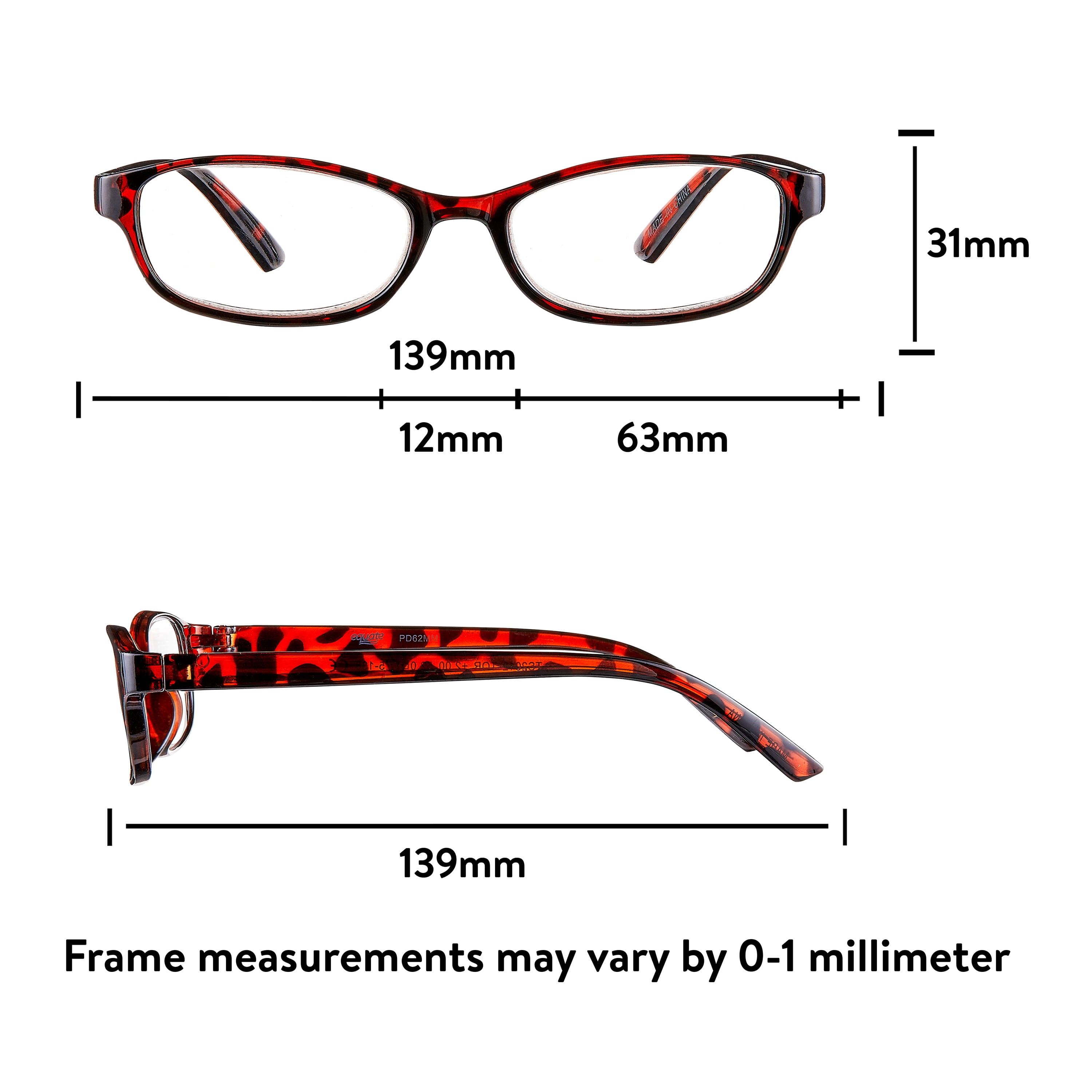 (2 pack) Equate Women's Rectangular Reading Glasses, Black/Wine/Tortoise, +2.00, 3 Pack